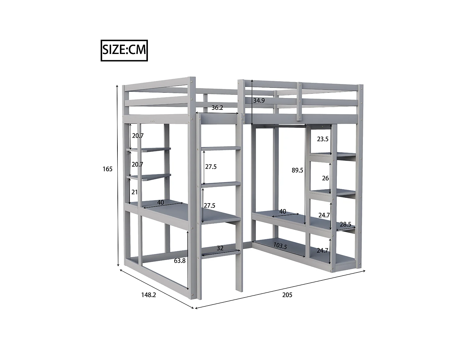 Lit mezzanine enfant 140x200cm - avec échelle - avec table - avec cintre simple - gris (sans matelas)