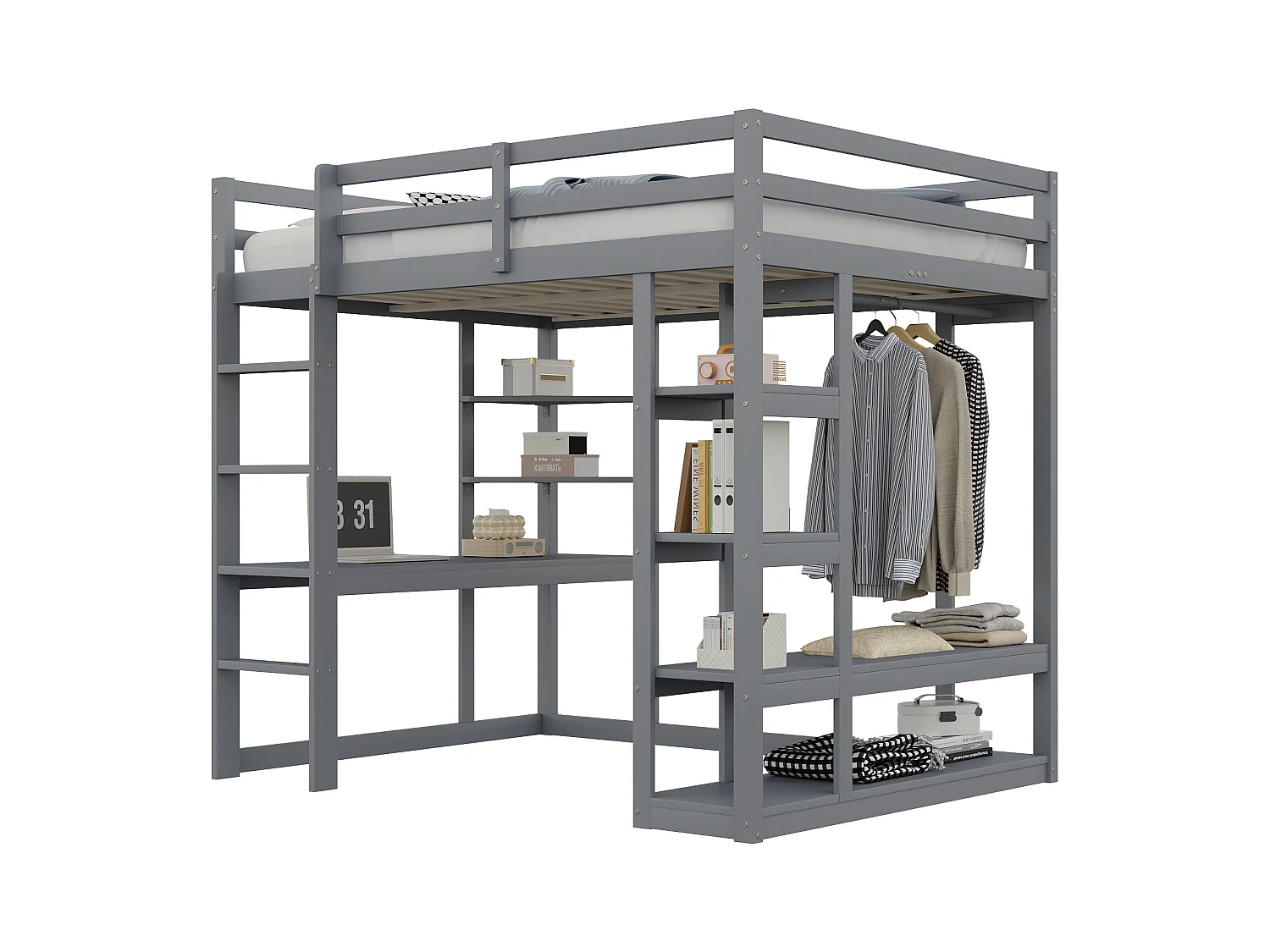 Lit mezzanine enfant 140x200cm - avec échelle - avec table - avec cintre simple - gris (sans matelas)