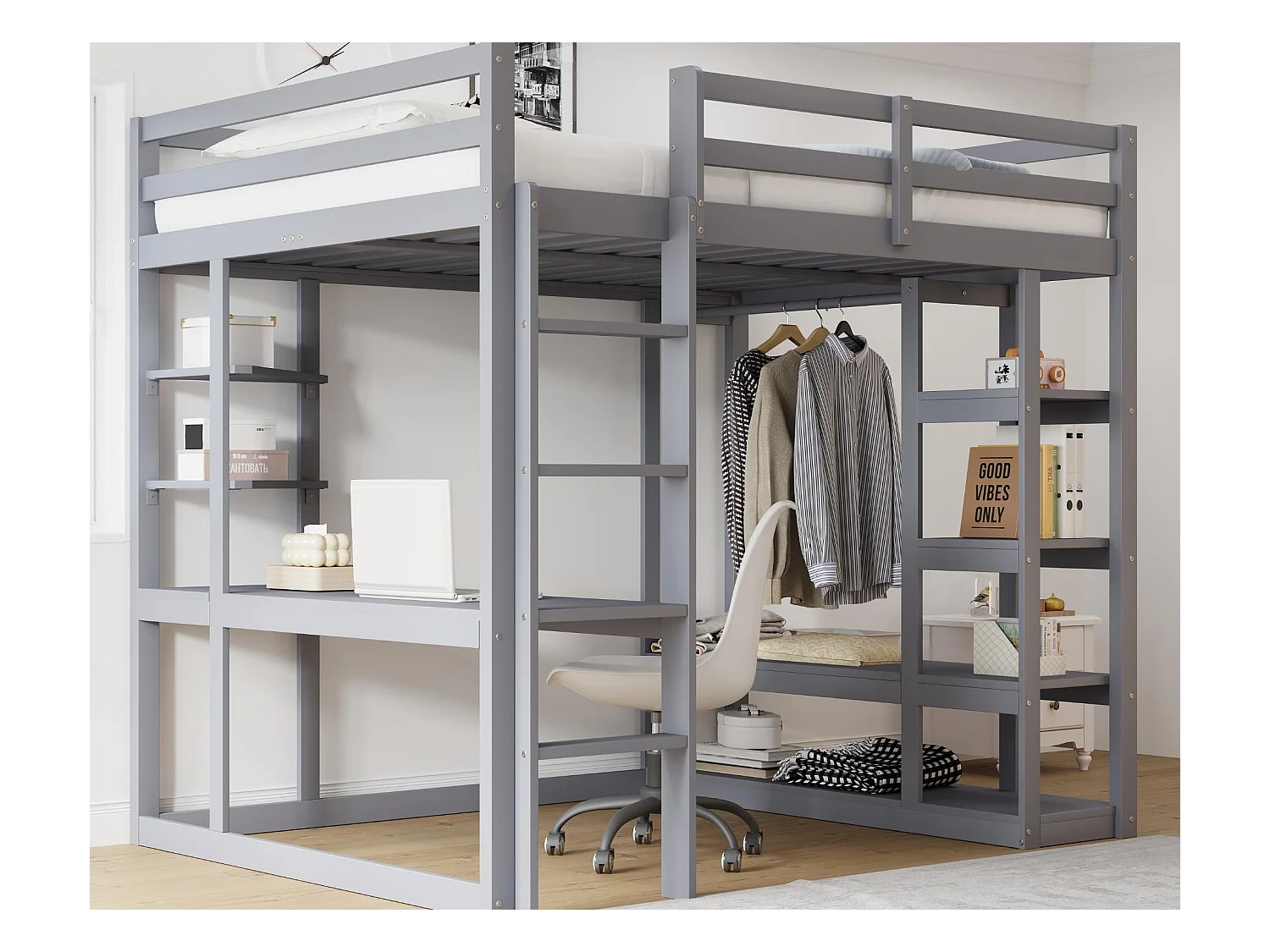 Lit mezzanine enfant 140x200cm - avec échelle - avec table - avec cintre simple - gris (sans matelas)