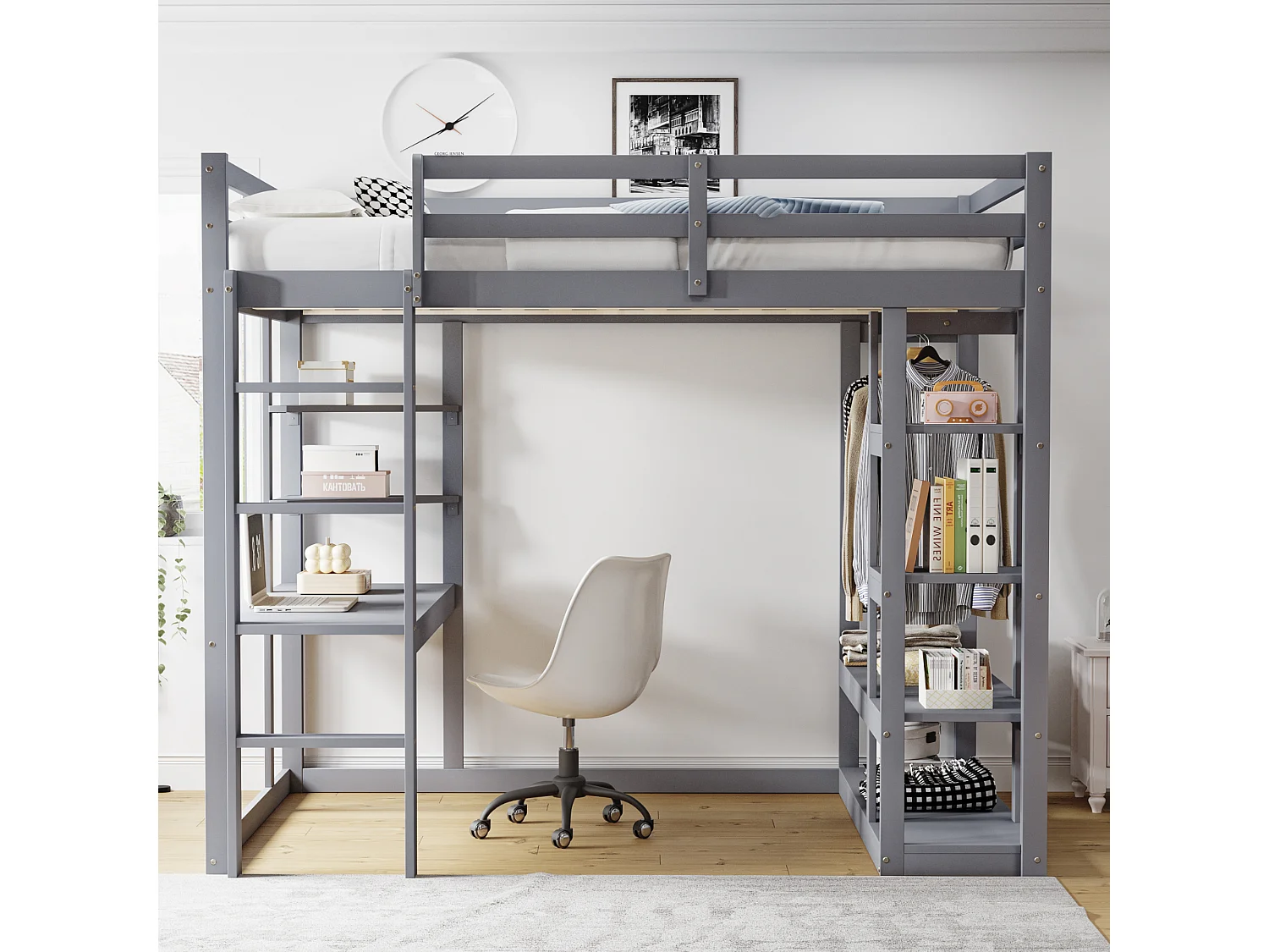 Kinder mezzanine bed 140x200cm - met trap - met tafel - met eenvoudige kapstok - grijs (zonder matras)