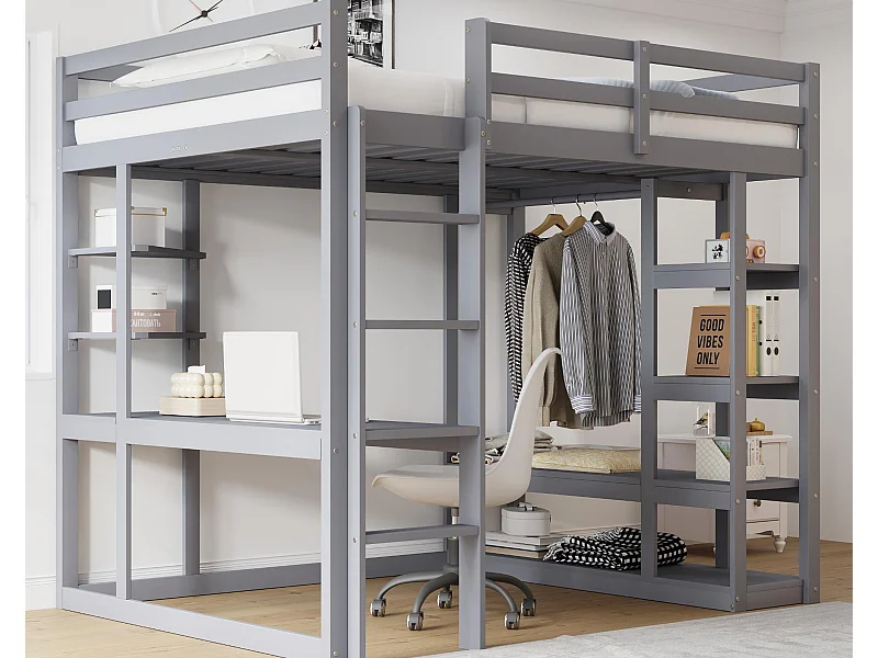 Łóżko mezzanine dziecięce 140x200cm - z drabinką - z biurkiem - z prostym wieszakiem - szare (materac nie wliczony)