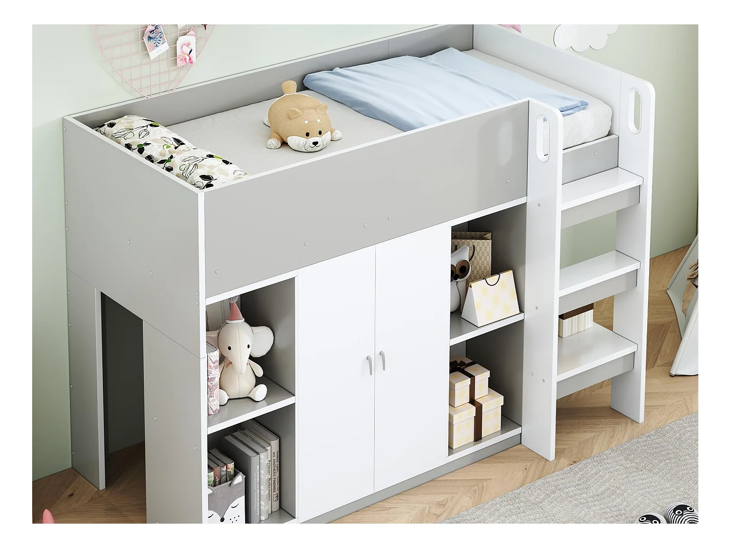 Lit enfant 90x200 cm - avec penderie + étagères - avec échelle - gris (sans matelas)