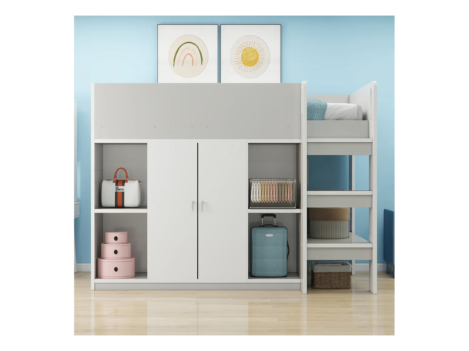 Lit enfant 90x200 cm - avec penderie + étagères - avec échelle - gris (sans matelas)