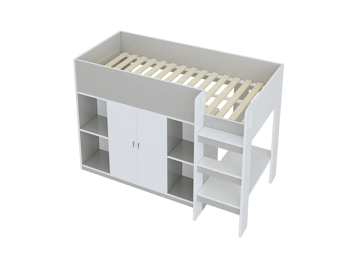 Lit enfant 90x200 cm - avec penderie + étagères - avec échelle - gris (sans matelas)