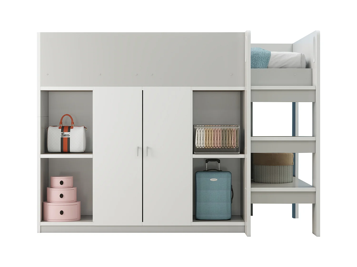 Lit enfant 90x200 cm - avec penderie + étagères - avec échelle - gris (sans matelas)