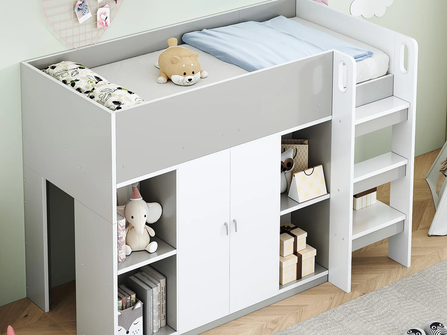 Lit enfant 90x200 cm - avec penderie + étagères - avec échelle - gris (sans matelas)