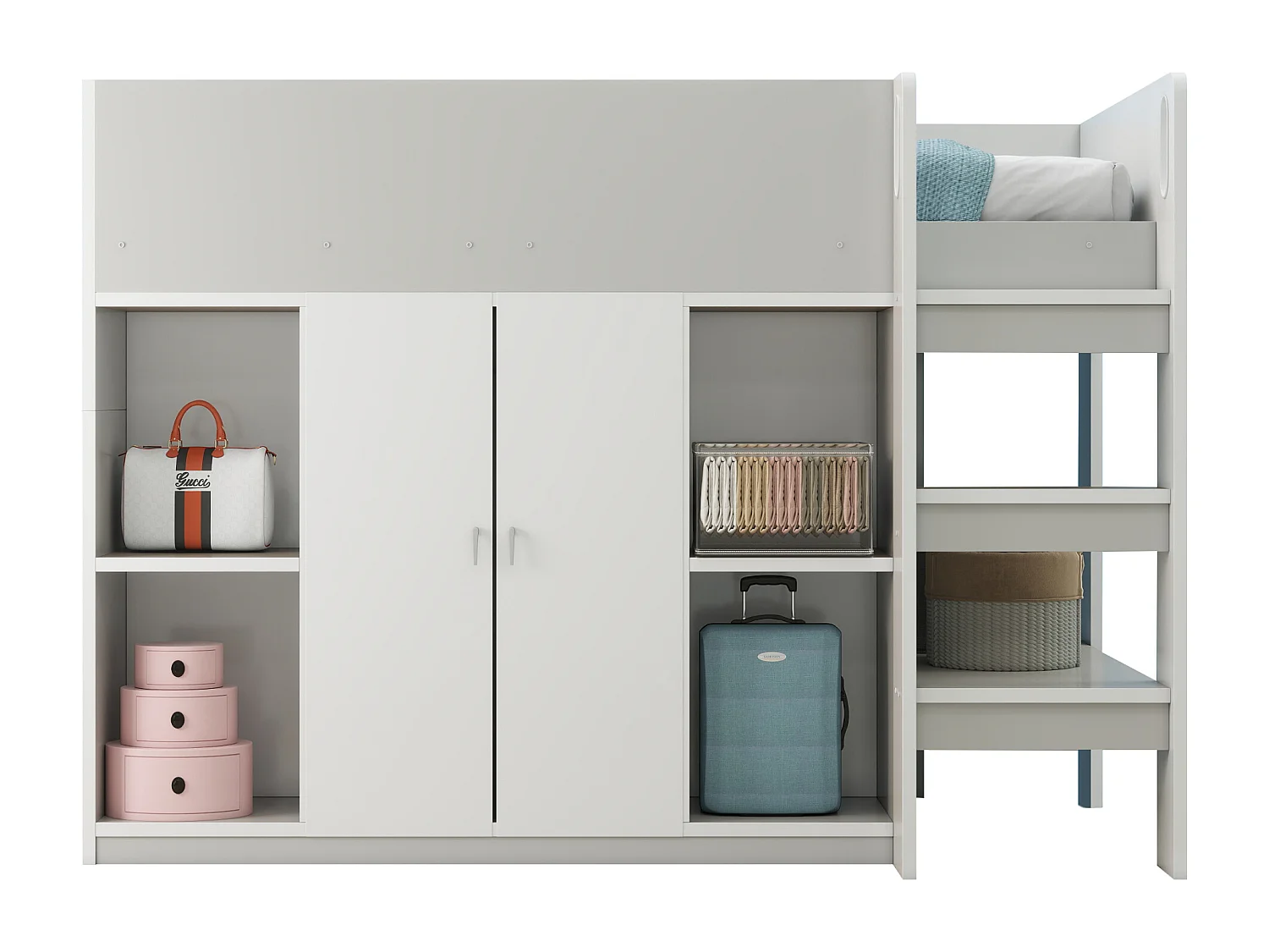 Lit enfant 90x200 cm - avec penderie + étagères - avec échelle - gris (sans matelas)