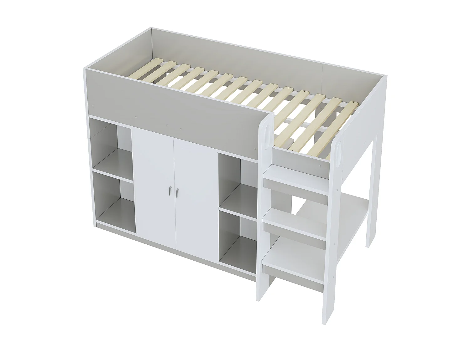 Lit enfant 90x200 cm - avec penderie + étagères - avec échelle - gris (sans matelas)