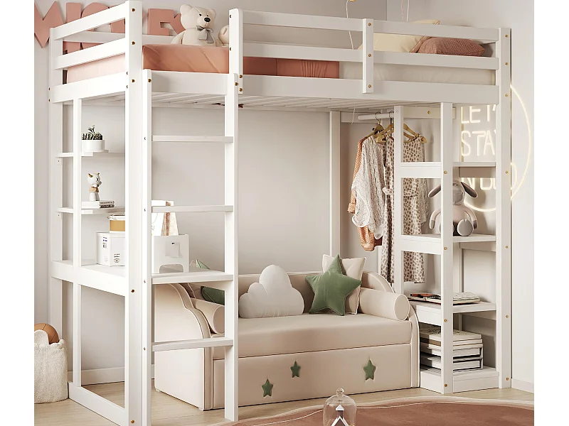 Kinder-Hochbett 90x200cm - mit Leiter - mit Tisch - mit einfachem Kleiderbügel - Weiß (ohne Matratze)