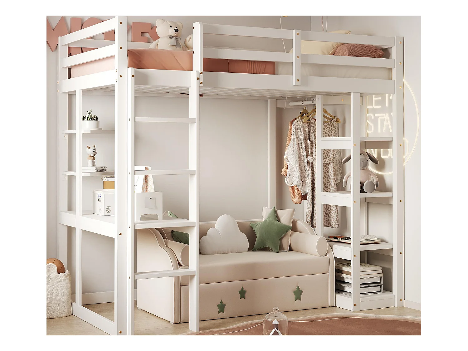 Lit mezzanine enfant 90x200cm - avec échelle - avec table - avec cintre simple - blanc (sans matelas)