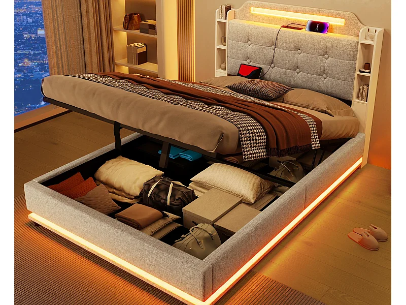 Lit coffre rembourré 140x200cm - avec éclairage LED - avec compartiment de rangement - USB+TYPE-C - lin - beige (sans matelas)