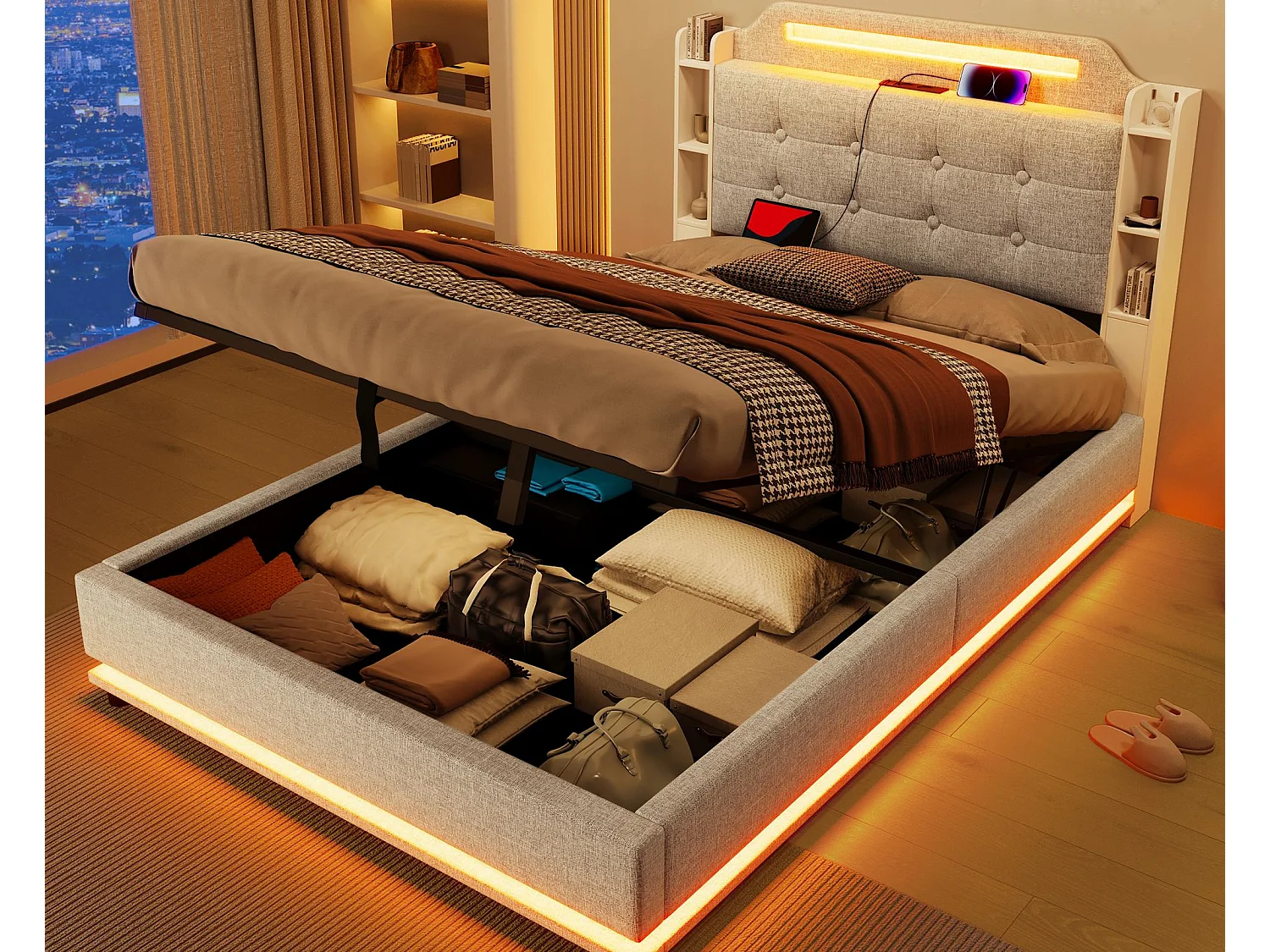 Lit coffre rembourré 140x200cm - avec éclairage LED - avec compartiment de rangement - USB+TYPE-C - lin - beige (sans matelas)