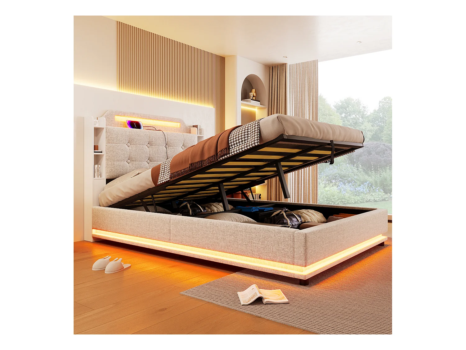Lit coffre rembourré 140x200cm - avec éclairage LED - avec compartiment de rangement - USB+TYPE-C - lin - beige (sans matelas)
