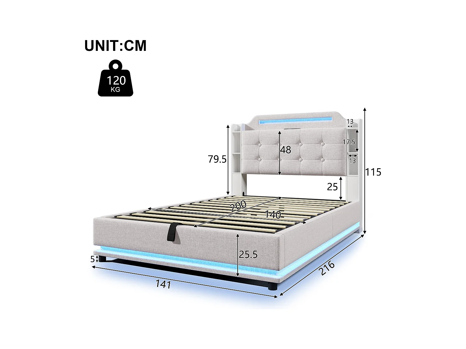 Lit coffre rembourré 140x200cm - avec éclairage LED - avec compartiment de rangement - USB+TYPE-C - lin - beige (sans matelas)
