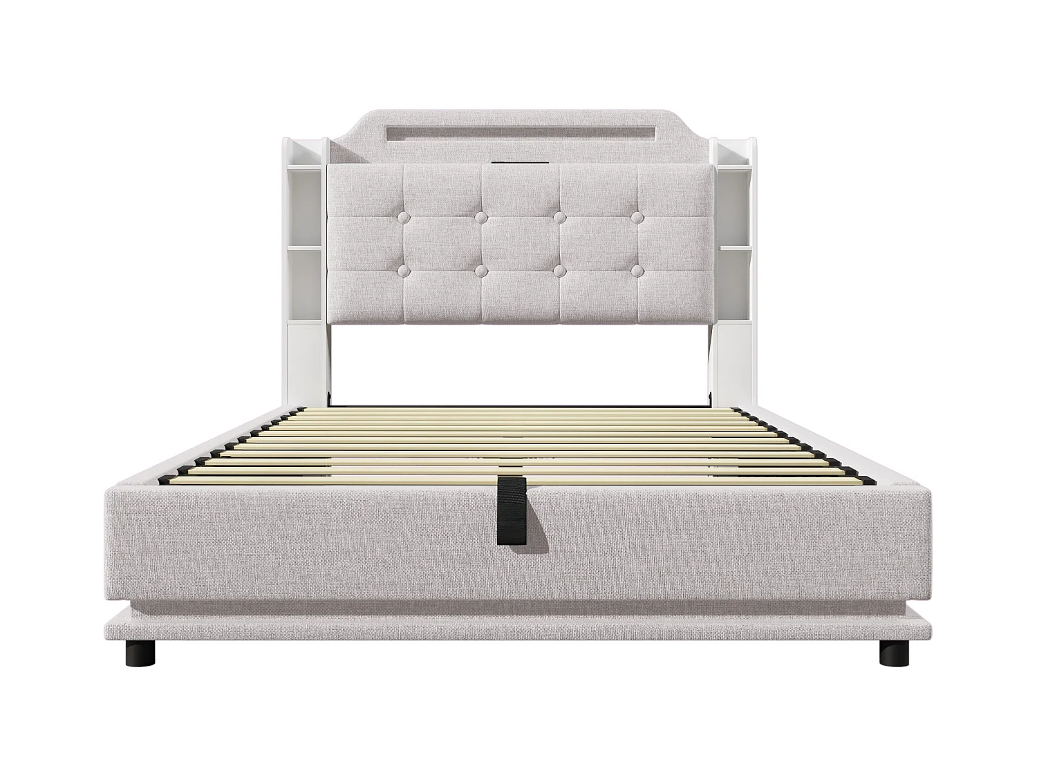 Lit coffre rembourré 140x200cm - avec éclairage LED - avec compartiment de rangement - USB+TYPE-C - lin - beige (sans matelas)