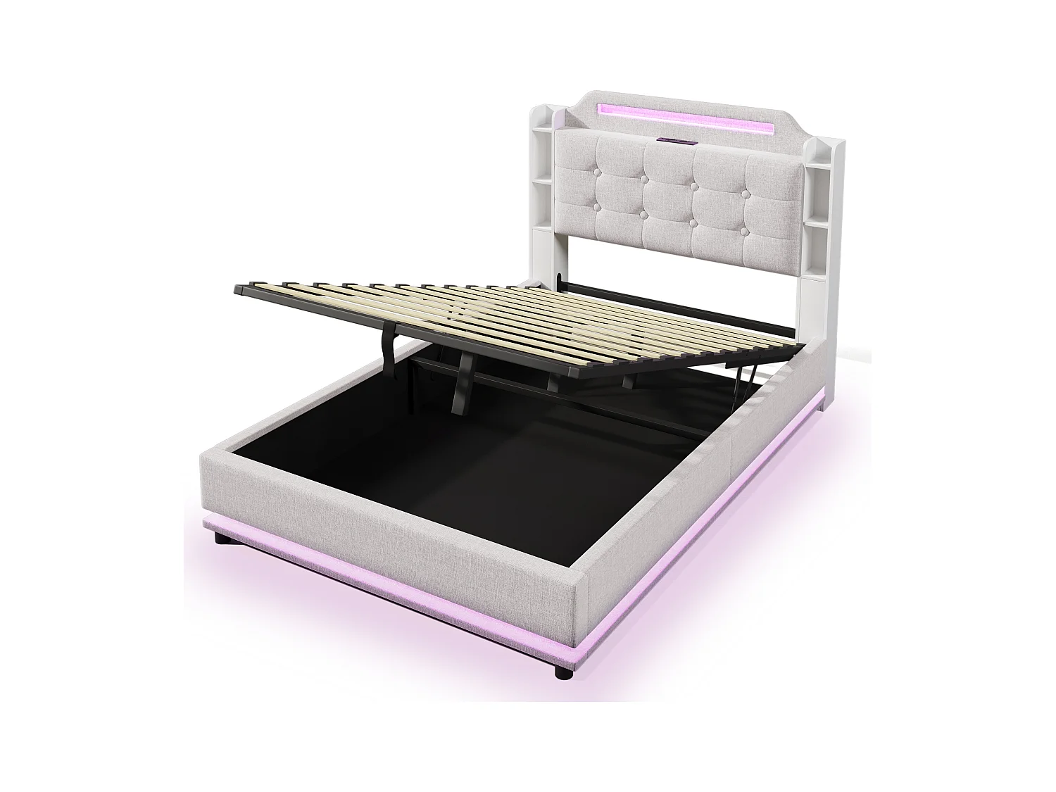 Lit coffre rembourré 140x200cm - avec éclairage LED - avec compartiment de rangement - USB+TYPE-C - lin - beige (sans matelas)