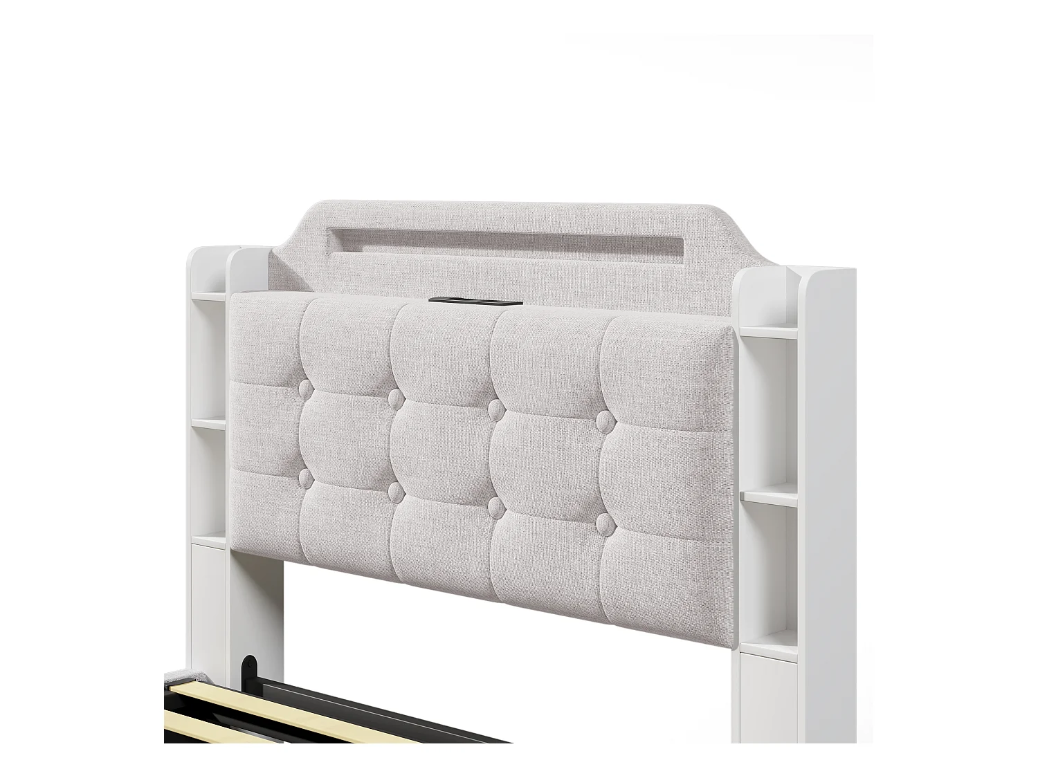 Lit coffre rembourré 140x200cm - avec éclairage LED - avec compartiment de rangement - USB+TYPE-C - lin - beige (sans matelas)