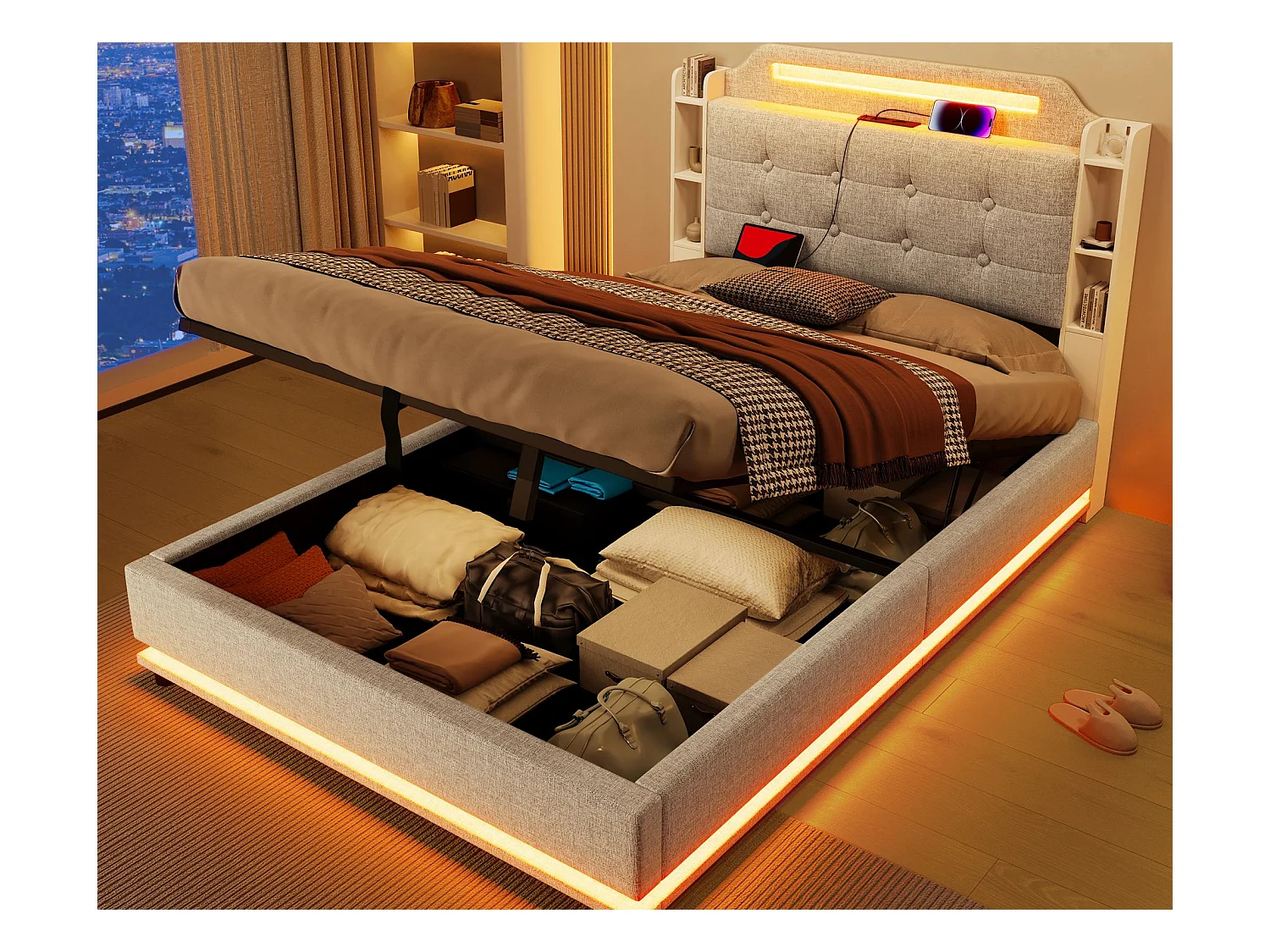 Lit coffre rembourré 140x200cm - avec éclairage LED - avec compartiment de rangement - USB+TYPE-C - lin - beige (sans matelas)