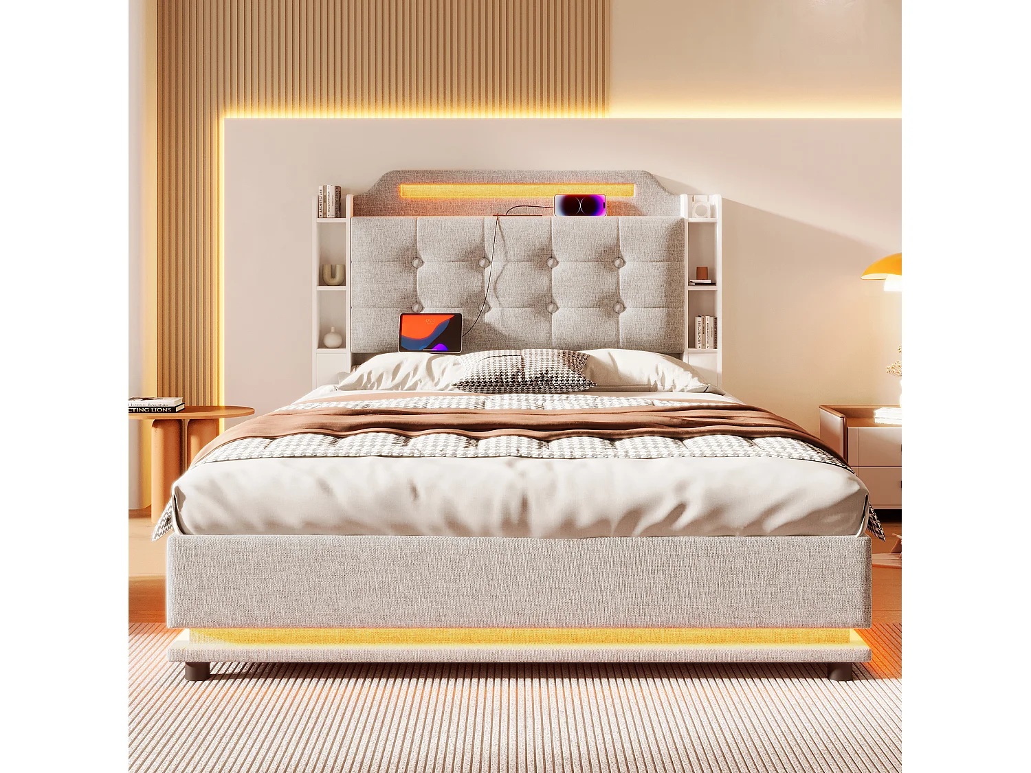 Gepolstertes Aufbewahrungsbett 140x200cm - mit LED-Beleuchtung - mit Stauraumfach - USB+TYPE-C - Leinen - Beige (Matratze nicht enthalten)