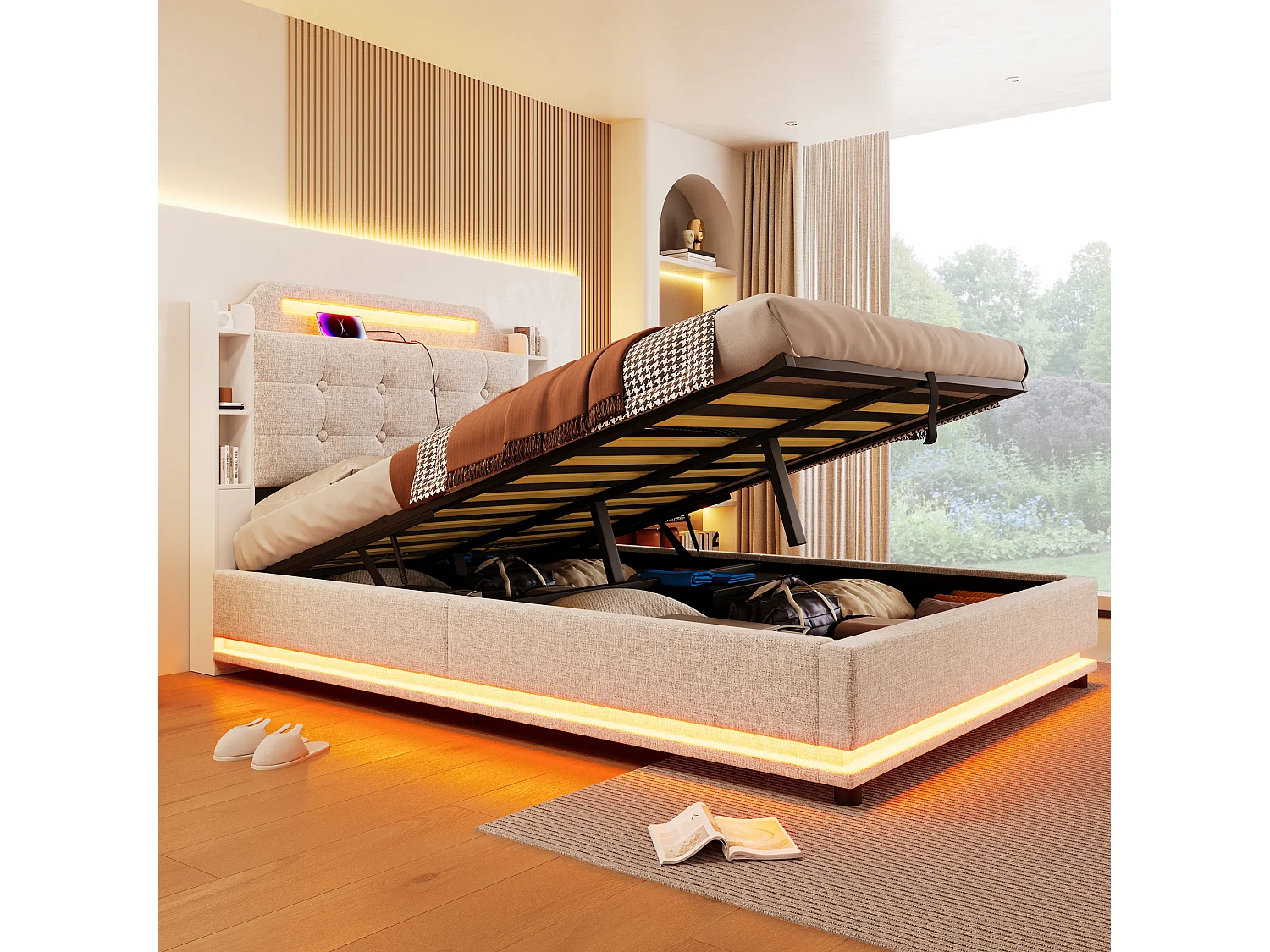 Gepolstertes Aufbewahrungsbett 140x200cm - mit LED-Beleuchtung - mit Stauraumfach - USB+TYPE-C - Leinen - Beige (Matratze nicht enthalten)