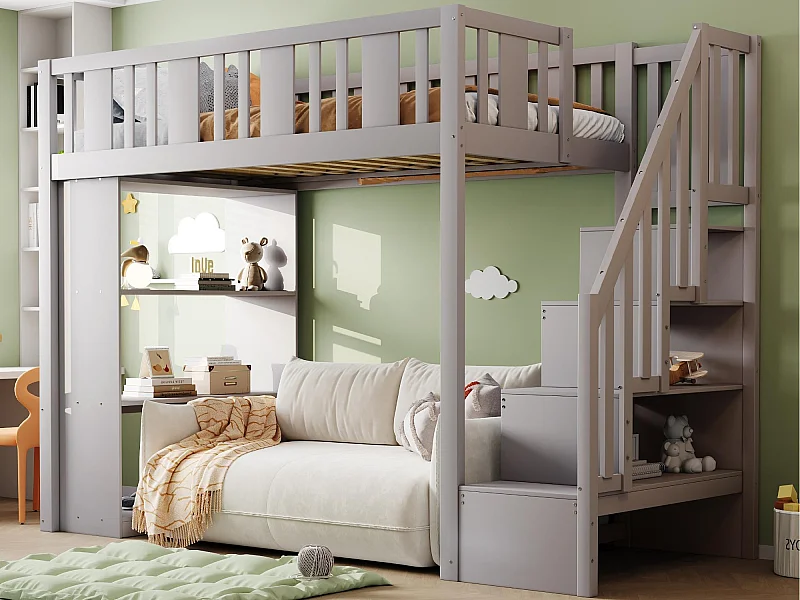 Lit mezzanine 90x200cm - avec escalier de rangement - avec compartiments de rangement - gris (matelas non inclus)