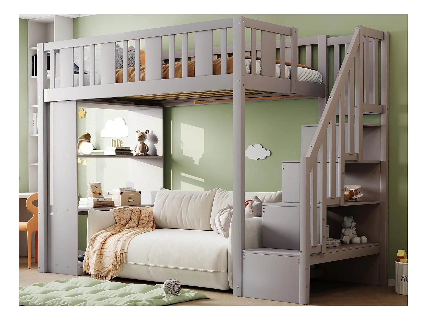 Lit mezzanine 90x200cm - avec escalier de rangement - avec compartiments de rangement - gris (matelas non inclus)