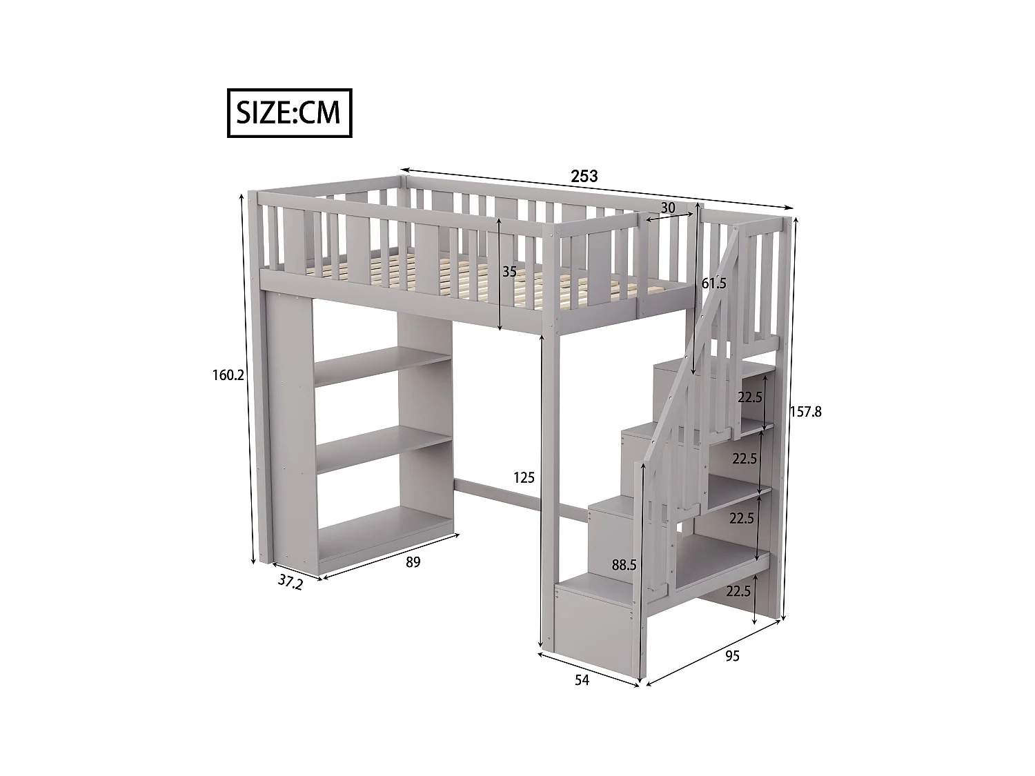 Lit mezzanine 90x200cm - avec escalier de rangement - avec compartiments de rangement - gris (matelas non inclus)