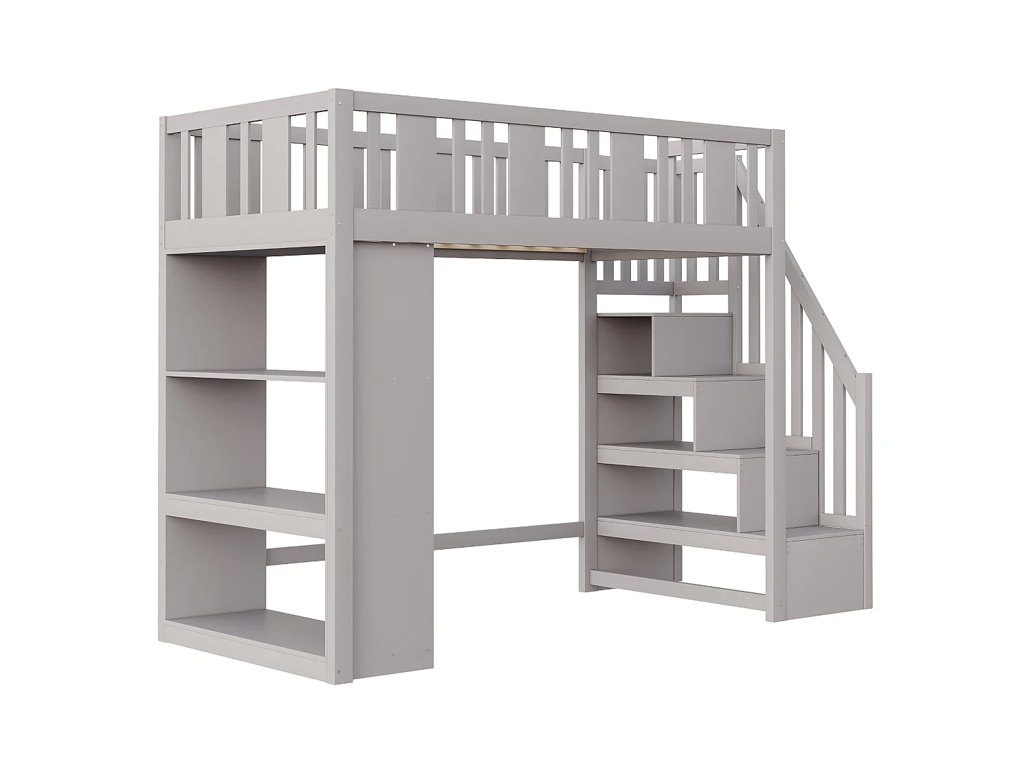 Lit mezzanine 90x200cm - avec escalier de rangement - avec compartiments de rangement - gris (matelas non inclus)