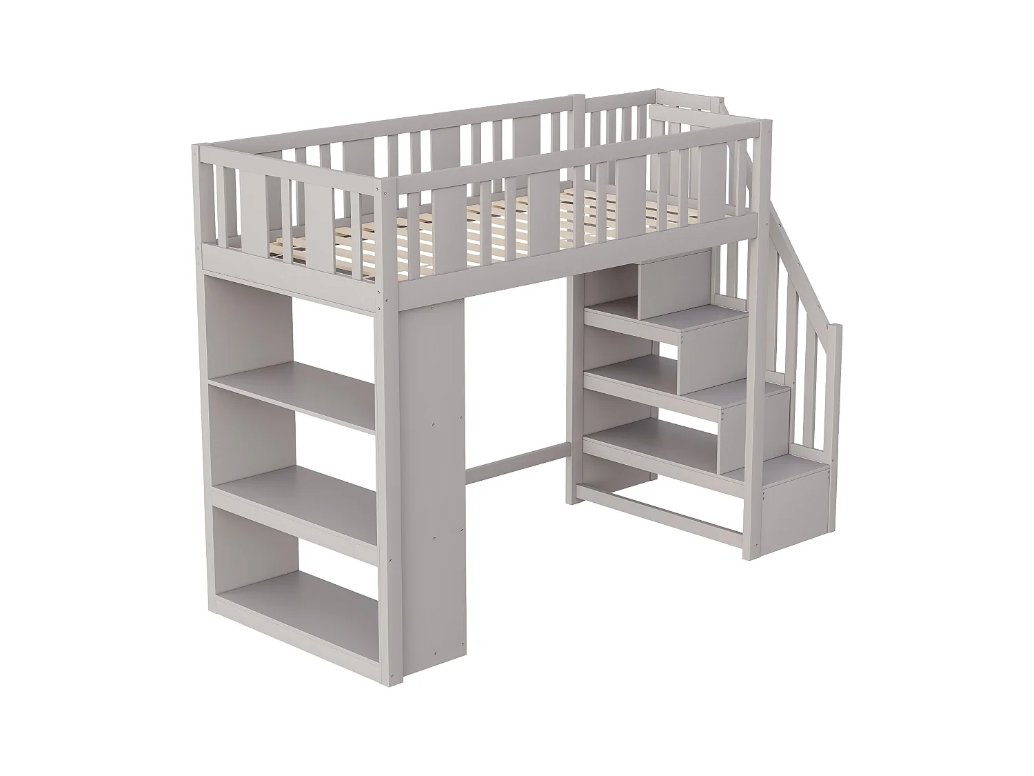 Lit mezzanine 90x200cm - avec escalier de rangement - avec compartiments de rangement - gris (matelas non inclus)