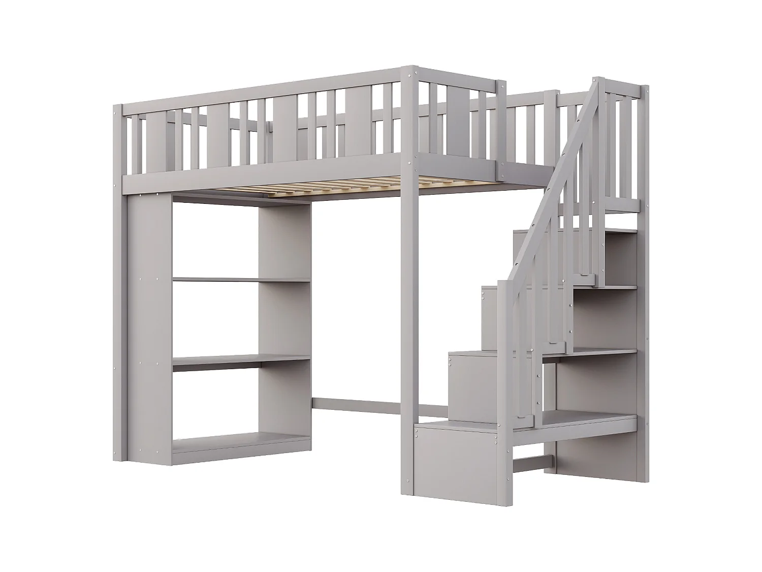 Lit mezzanine 90x200cm - avec escalier de rangement - avec compartiments de rangement - gris (matelas non inclus)