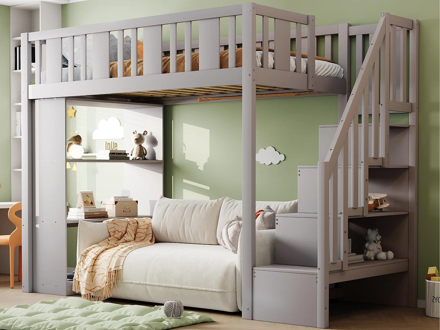 Hochbett 90x200cm - mit Aufbewahrungstreppe - mit Aufbewahrungsfächern - Grau (Matratze nicht enthalten)