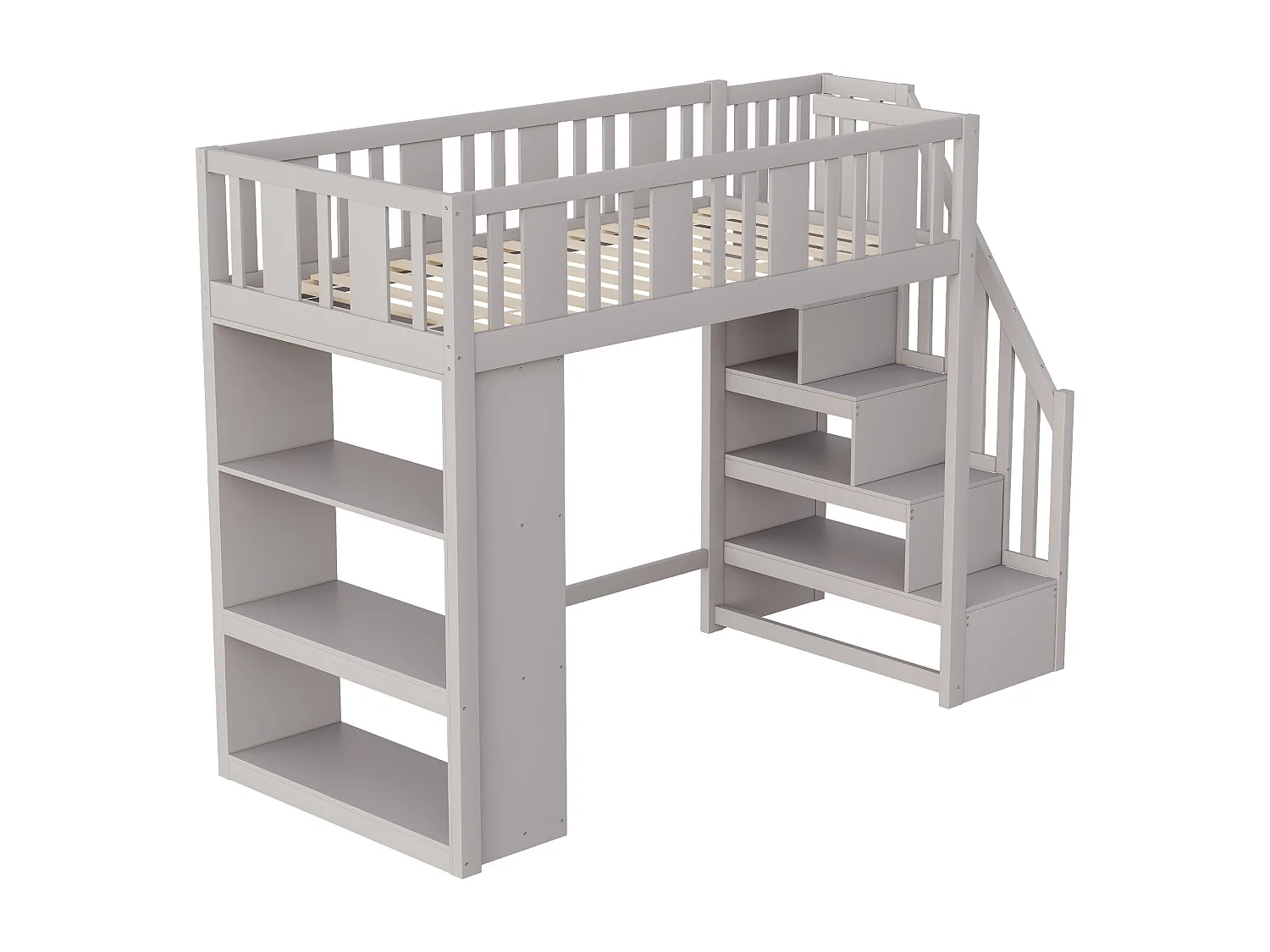 Hochbett 90x200cm - mit Aufbewahrungstreppe - mit Aufbewahrungsfächern - Grau (Matratze nicht enthalten)