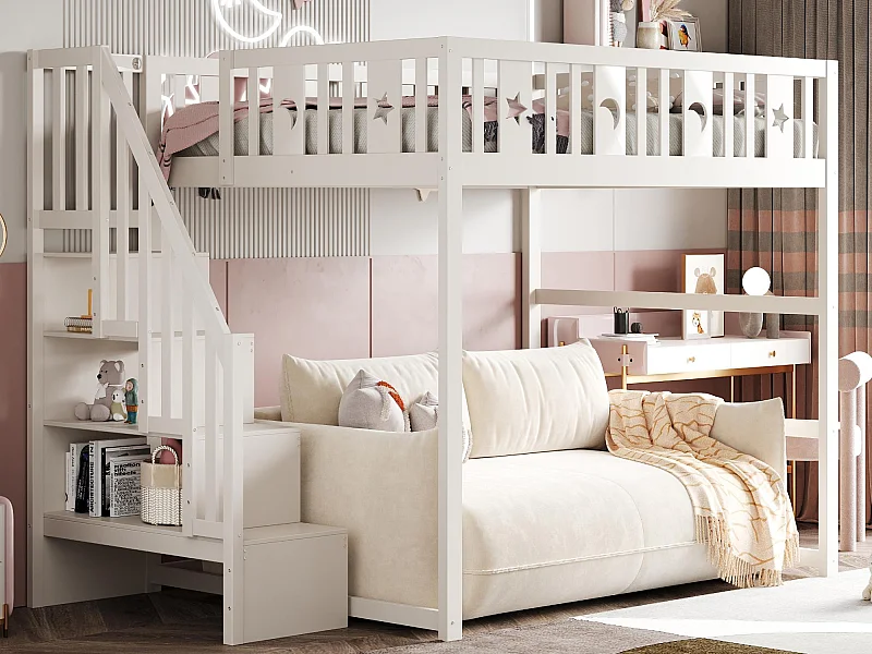 Kinder stapelbed 140x200cm - Met trap - Met veiligheidshekken - Met opbergruimte - Wit (zonder matras)