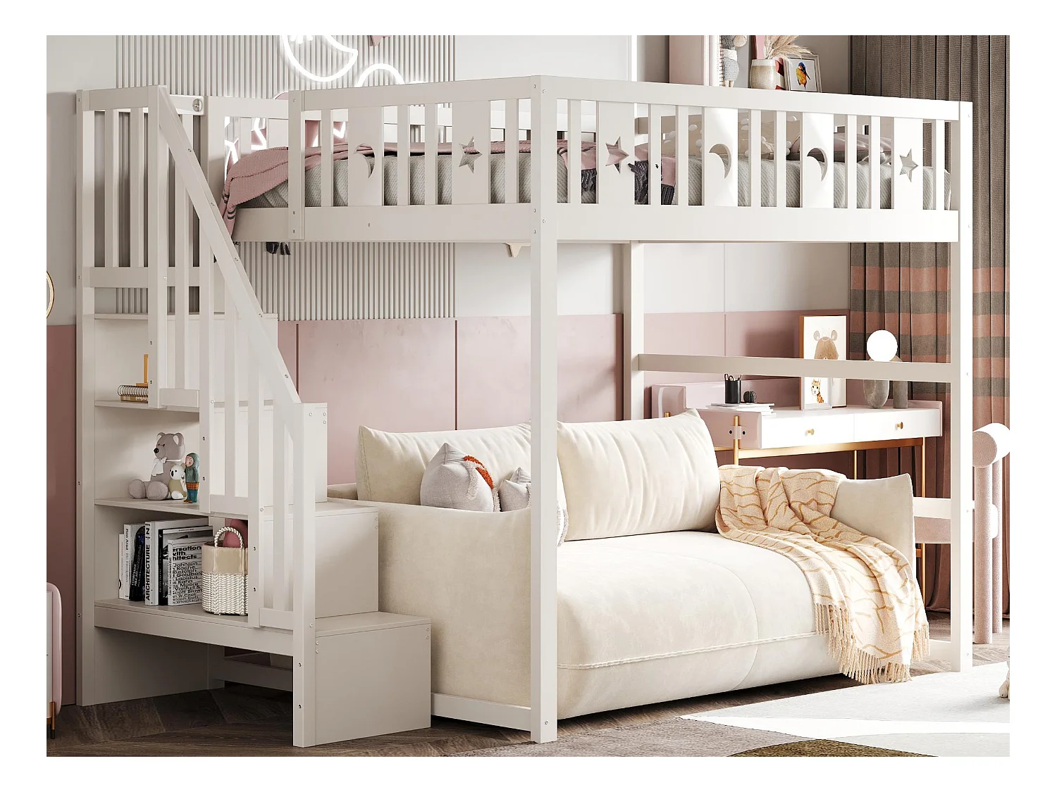 Kinder stapelbed 140x200cm - Met trap - Met veiligheidshekken - Met opbergruimte - Wit (zonder matras)