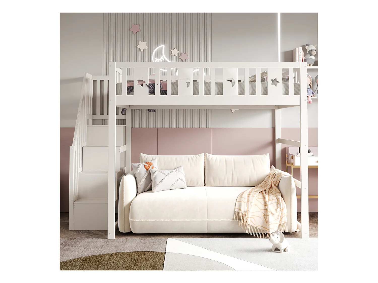 Kinder stapelbed 140x200cm - Met trap - Met veiligheidshekken - Met opbergruimte - Wit (zonder matras)