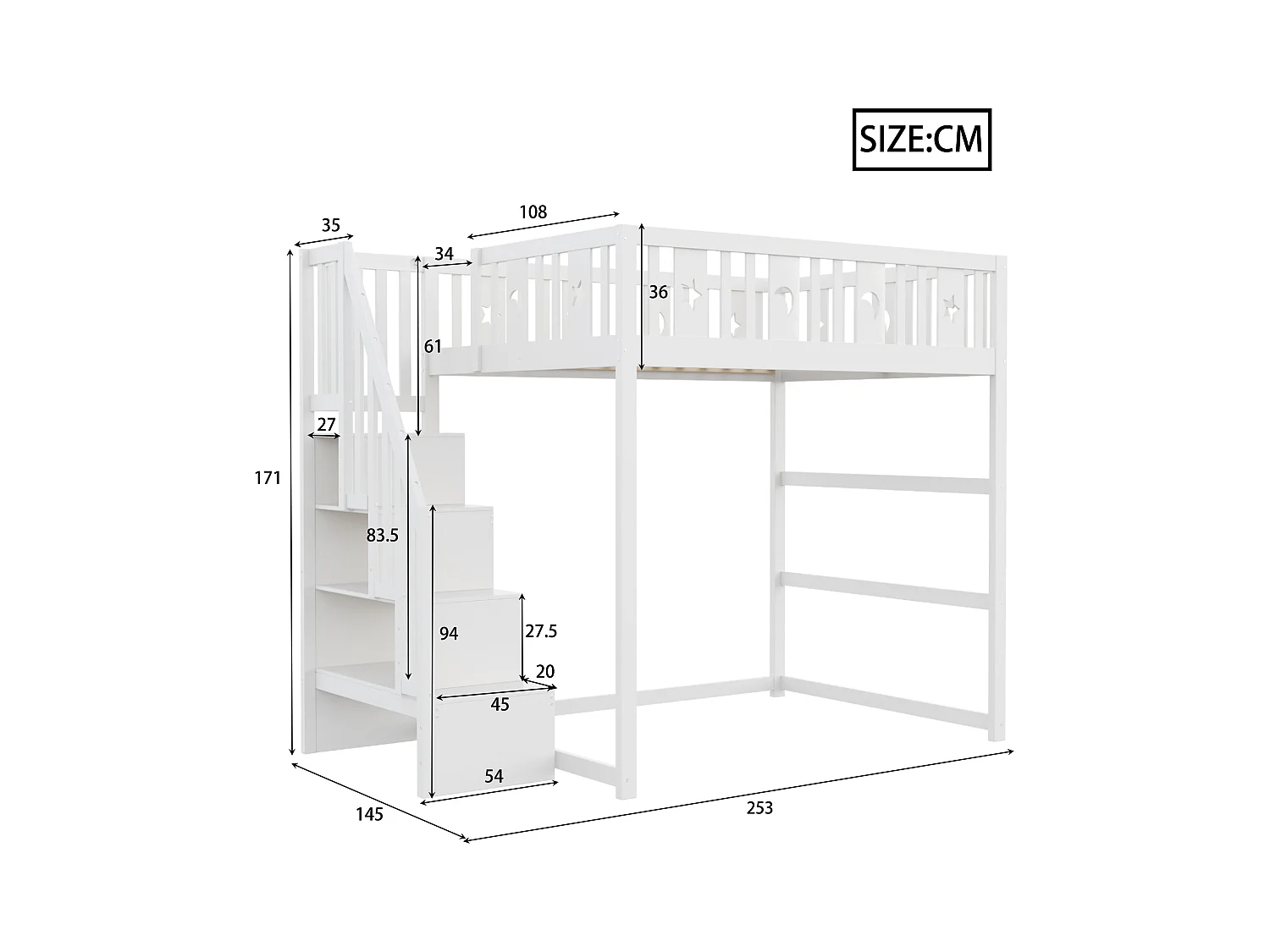 Kinder stapelbed 140x200cm - Met trap - Met veiligheidshekken - Met opbergruimte - Wit (zonder matras)