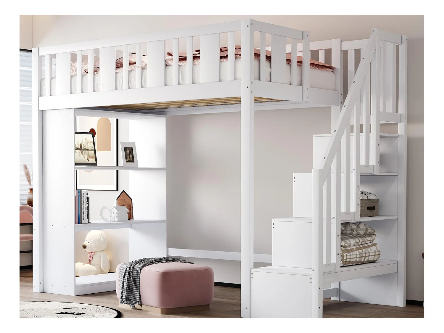 Lit mezzanine 90x200cm - avec escalier de rangement - avec compartiments de rangement - blanc (matelas non inclus)