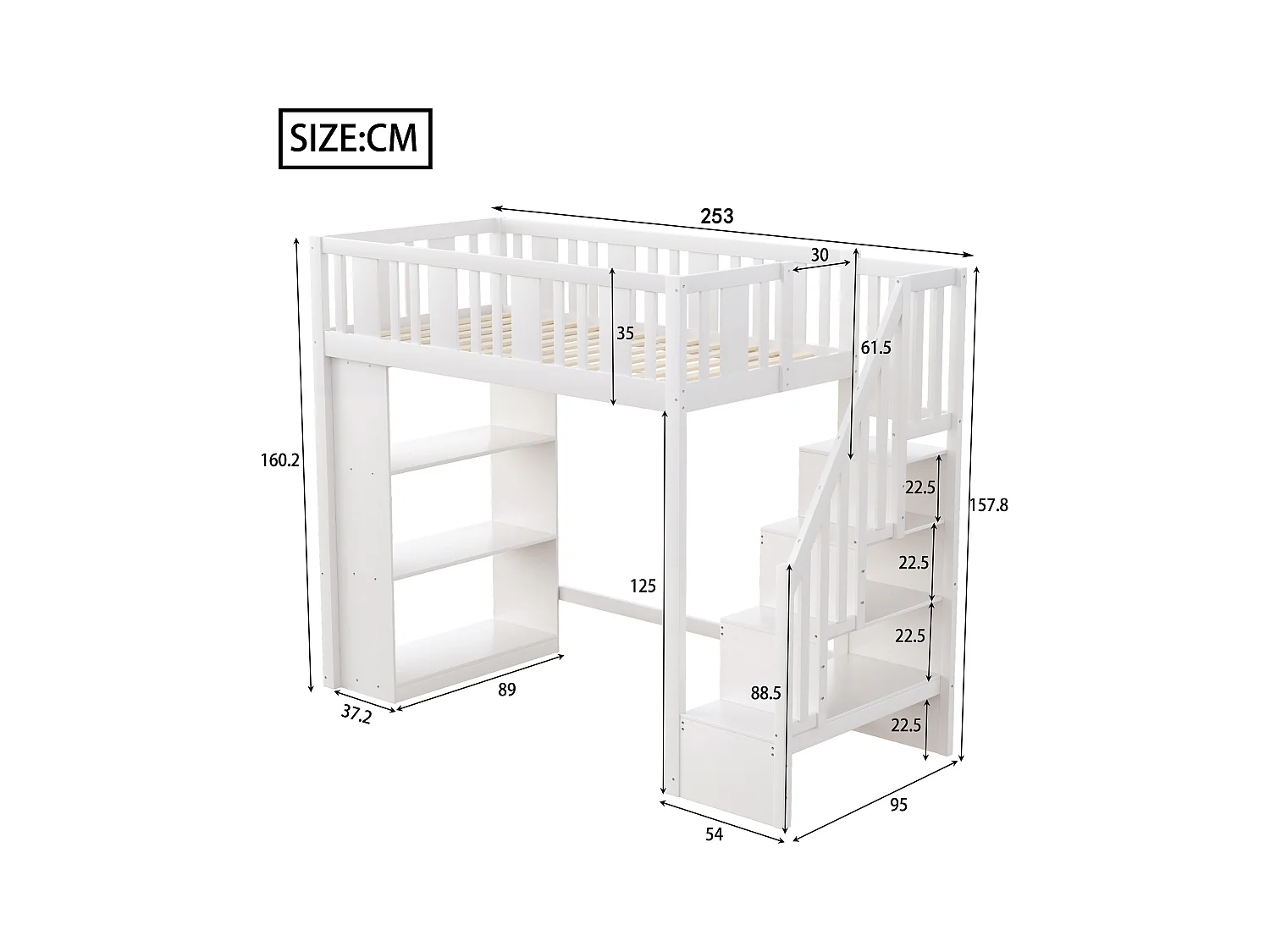 Lit mezzanine 90x200cm - avec escalier de rangement - avec compartiments de rangement - blanc (matelas non inclus)