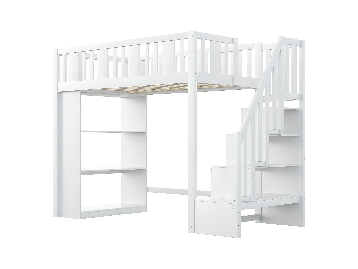 Lit mezzanine 90x200cm - avec escalier de rangement - avec compartiments de rangement - blanc (matelas non inclus)