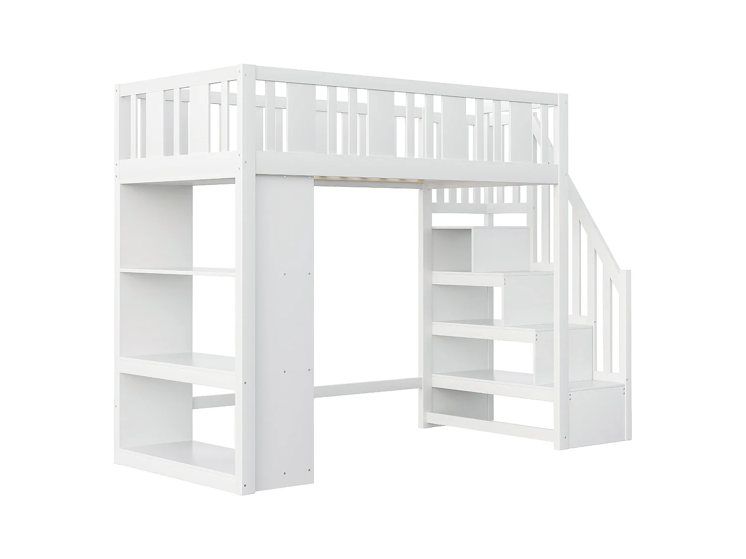Lit mezzanine 90x200cm - avec escalier de rangement - avec compartiments de rangement - blanc (matelas non inclus)
