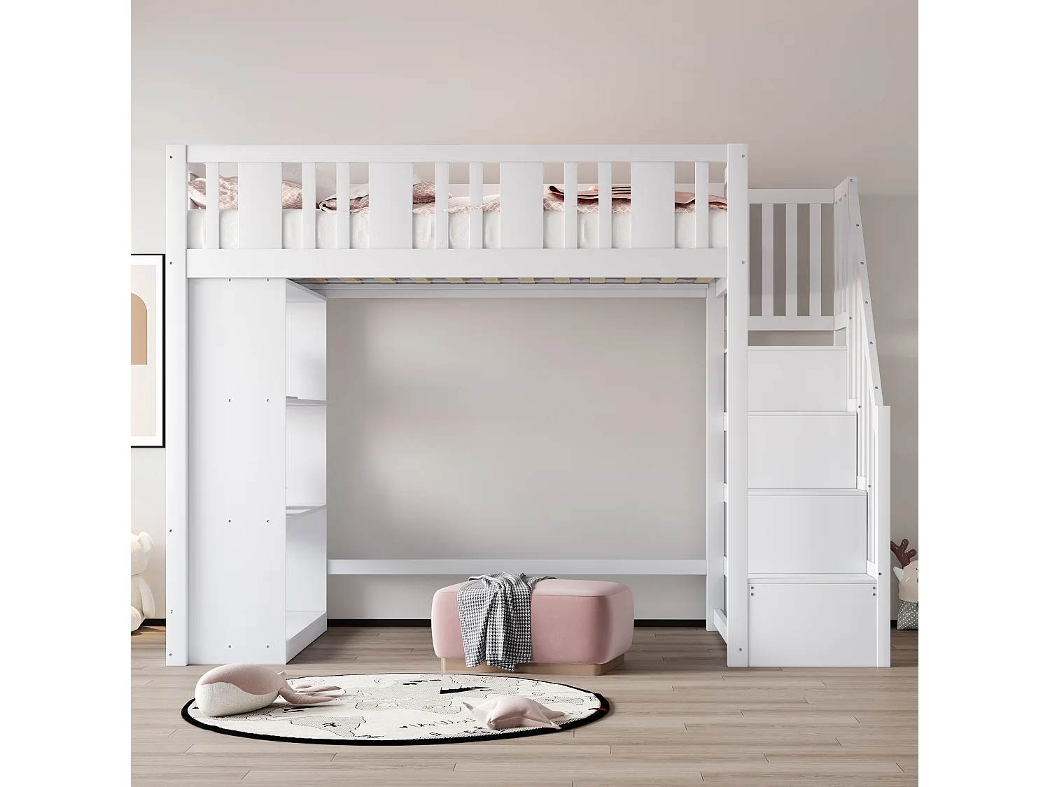 Lit mezzanine 90x200cm - avec escalier de rangement - avec compartiments de rangement - blanc (matelas non inclus)
