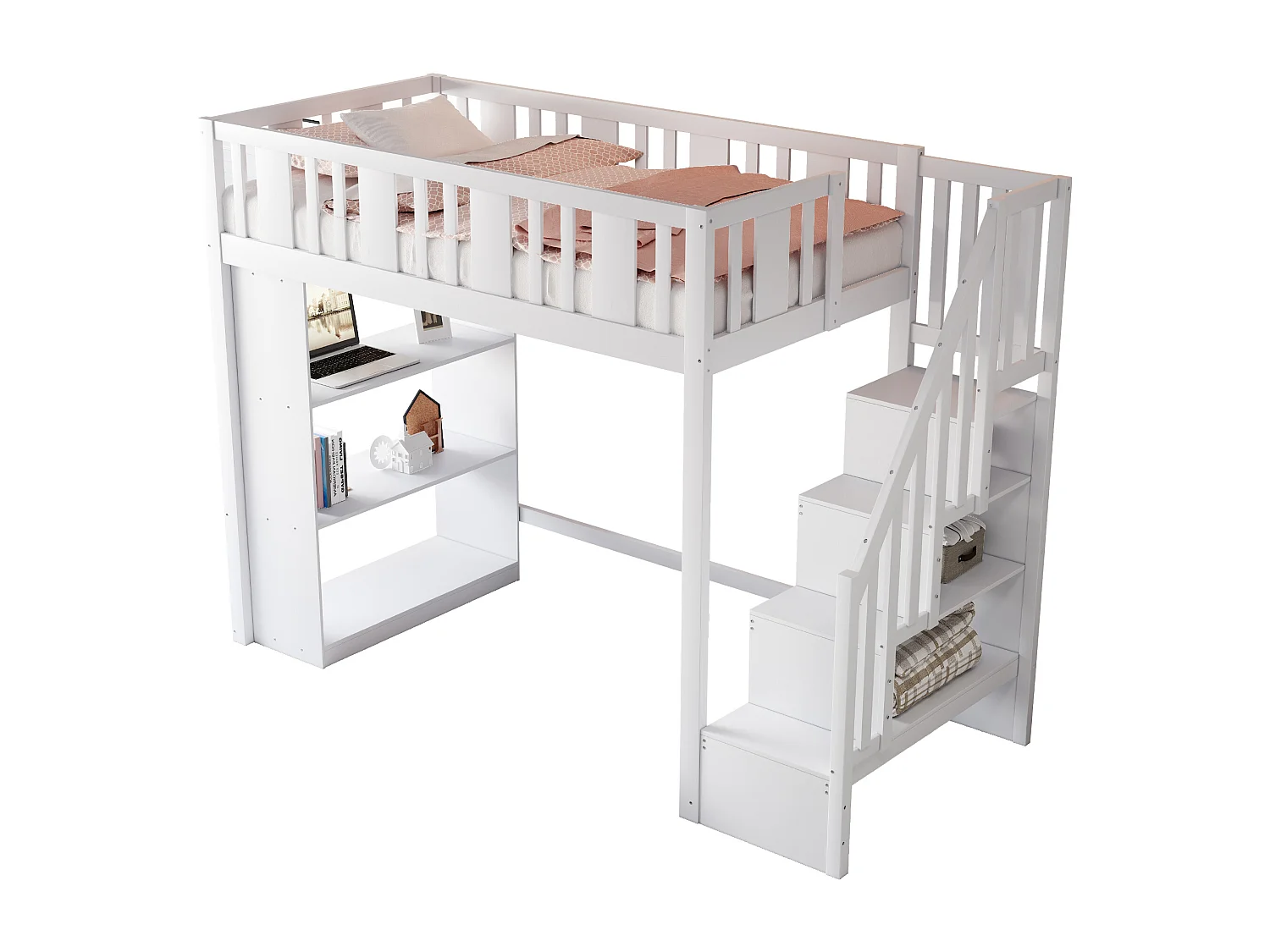 Lit mezzanine 90x200cm - avec escalier de rangement - avec compartiments de rangement - blanc (matelas non inclus)