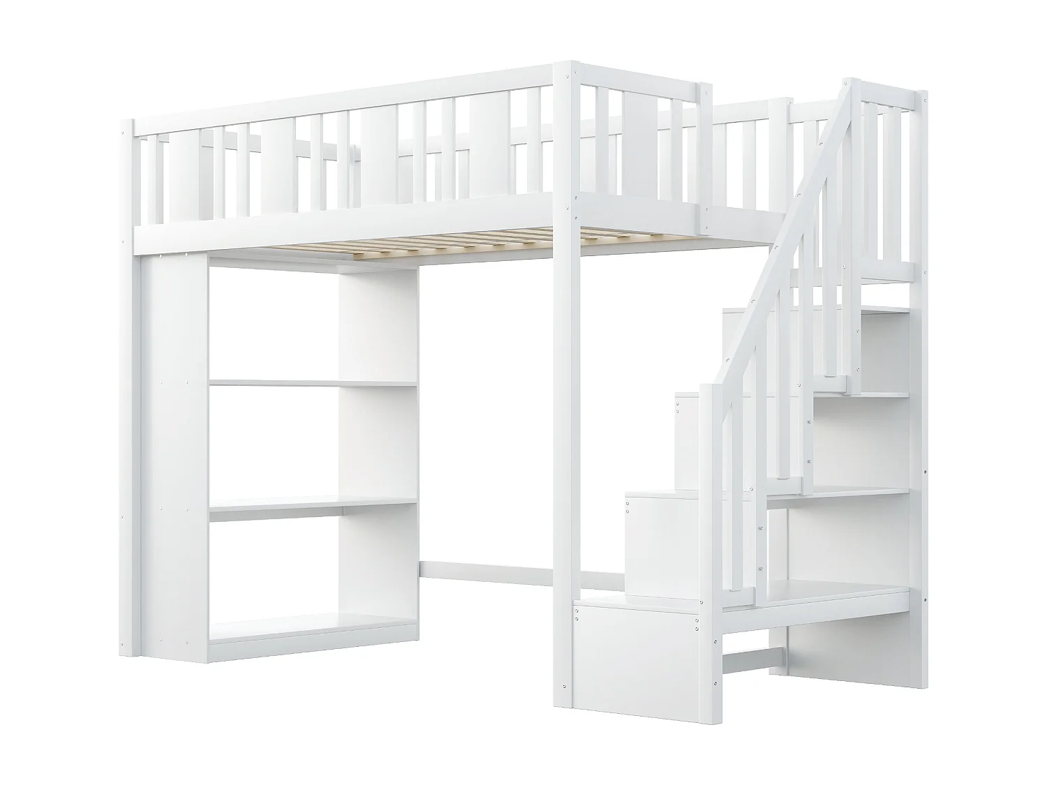 Lit mezzanine 90x200cm - avec escalier de rangement - avec compartiments de rangement - blanc (matelas non inclus)