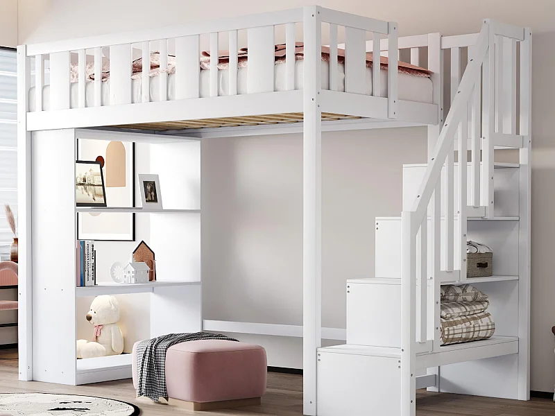 Lit mezzanine 90x200cm - avec escalier de rangement - avec compartiments de rangement - blanc (matelas non inclus)