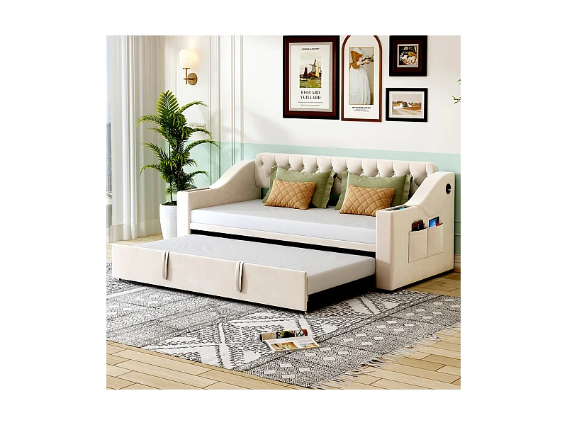 Canapé-lit 90/180x190cm - lit gigogne - avec USB/Type C + poches latérales + étagère intégrée - velours - Beige