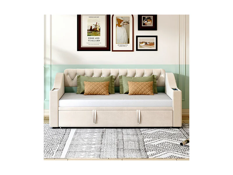 Canapé-lit 90/180x190cm - lit gigogne - avec USB/Type C + poches latérales + étagère intégrée - velours - Beige