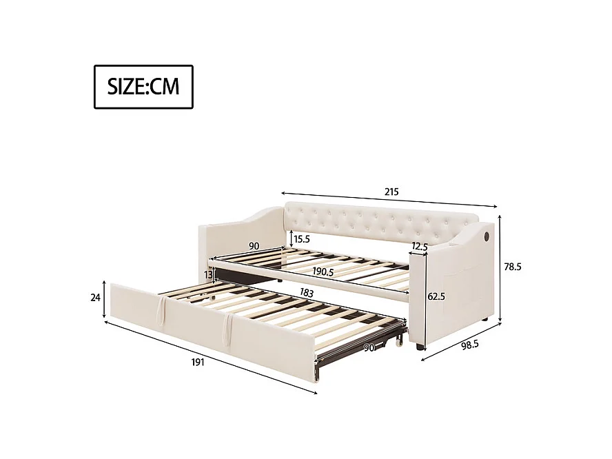 Canapé-lit 90/180x190cm - lit gigogne - avec USB/Type C + poches latérales + étagère intégrée - velours - Beige