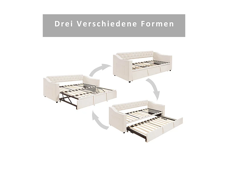 Canapé-lit 90/180x190cm - lit gigogne - avec USB/Type C + poches latérales + étagère intégrée - velours - Beige