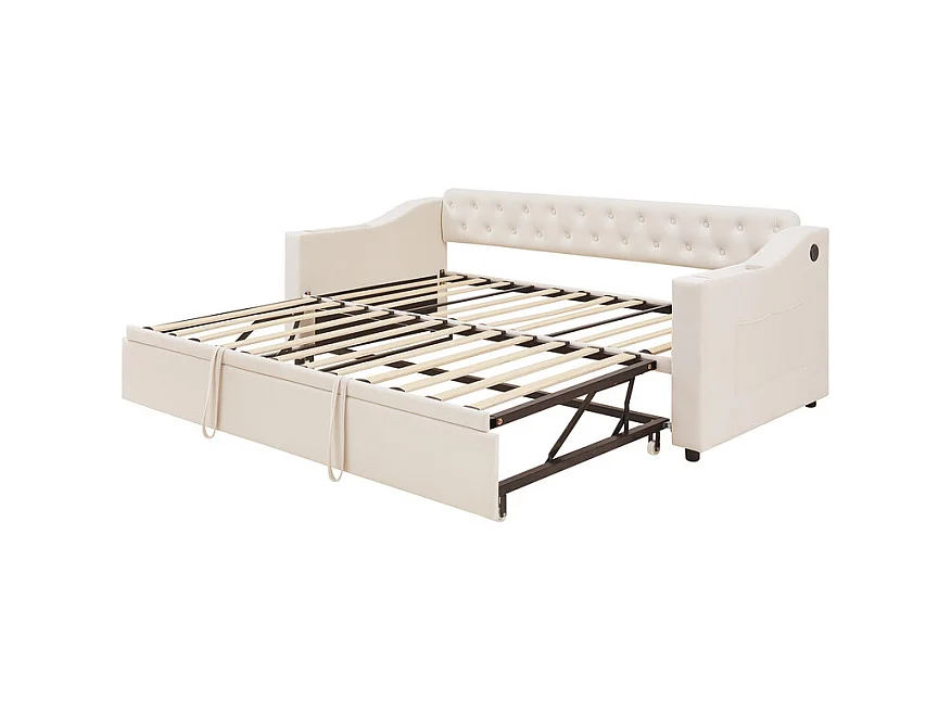 Canapé-lit 90/180x190cm - lit gigogne - avec USB/Type C + poches latérales + étagère intégrée - velours - Beige