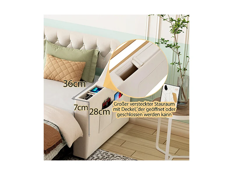 Canapé-lit 90/180x190cm - lit gigogne - avec USB/Type C + poches latérales + étagère intégrée - velours - Beige